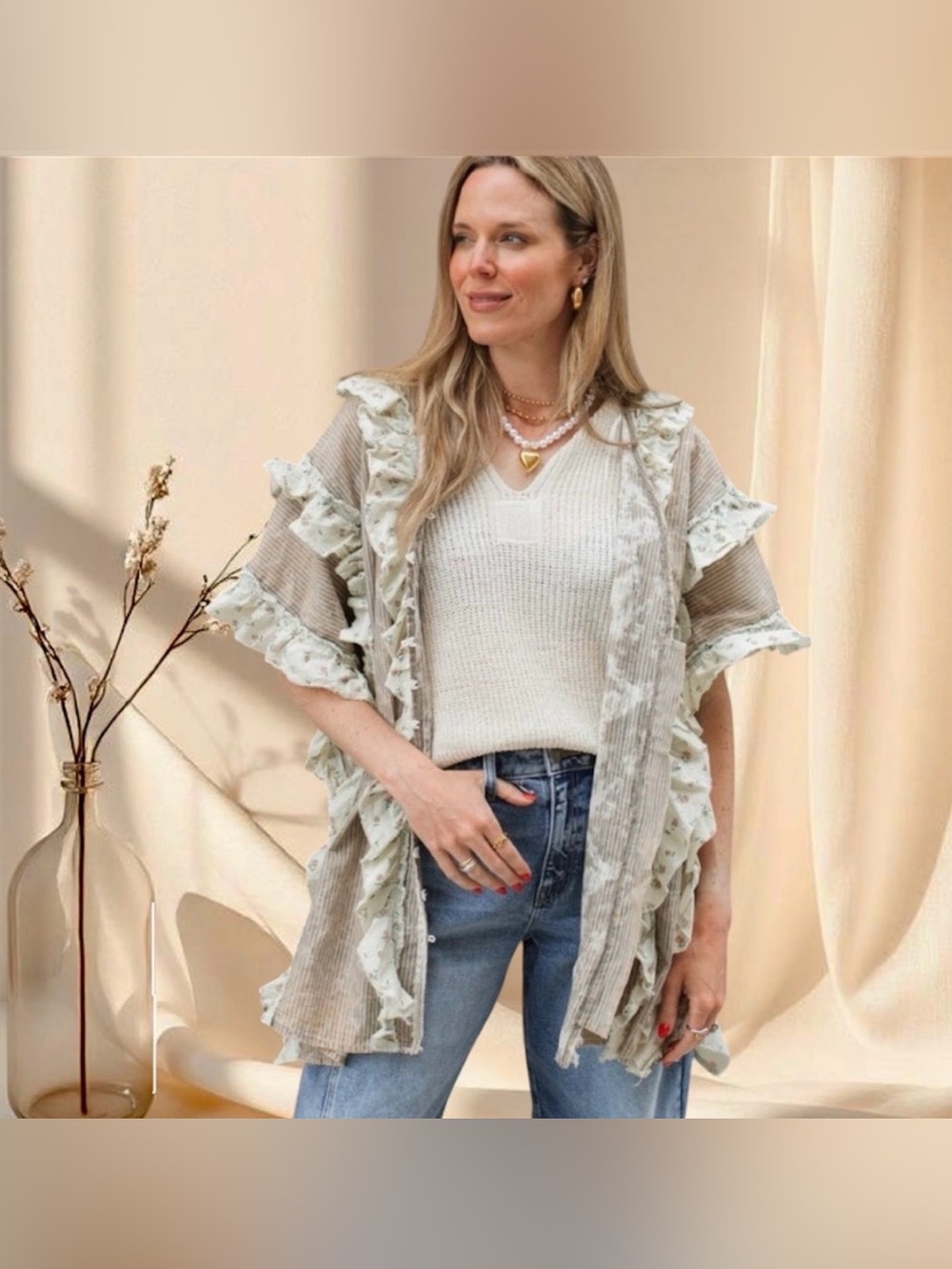 #1267 Oli & Hali Ruffled button down blouse / kimono / Kaftan in Light Taupe - Picture 8 of 9